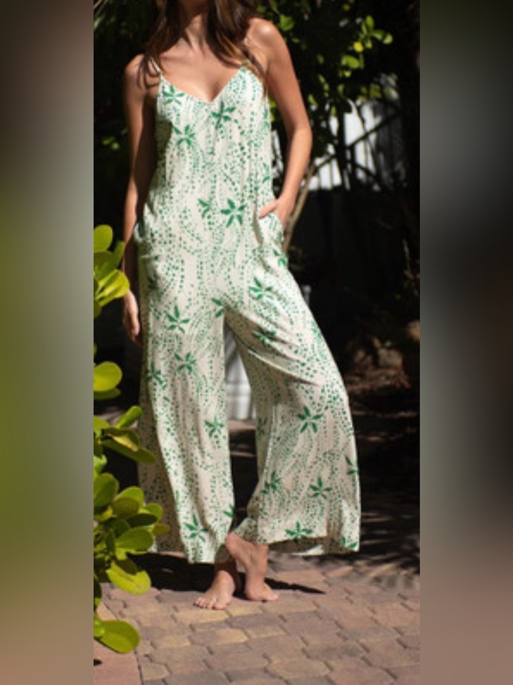 XIX Palms Tribal Cream Jumpsuit with Green Leaf Print